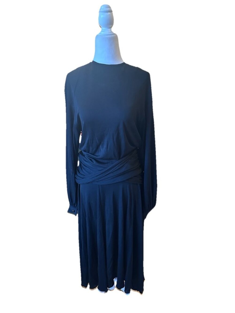 Albert Nipon Vintage Black Cinched Waist Long Sleeve Back Buttons Dress Sz Med